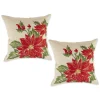 Set Of 2 Red And Ivory Poinsettia Embroidered Square Christmas Throw Pillow Covers 18"
