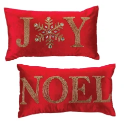 Set Of 2 Red Beaded "Joy" And "Noel" Christmas Throw Pillows 19"