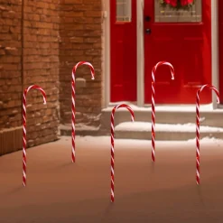 Set Of 5 Red Lighted Candy Cane Christmas Lawn Stakes 28"
