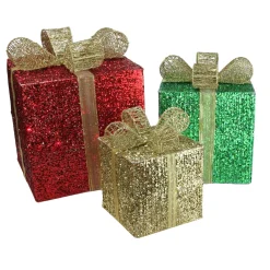 Set Of 3 Red Pre-Lit Glittering Gift Boxes Christmas Outdoor Decor 15"