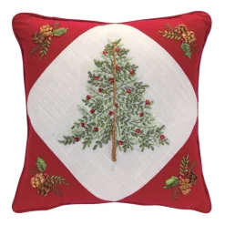 Set Of 2 Red Tree And Wreath Christmas Square Floral Throw Pillows 15.5