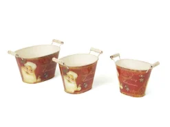 Set Of 3 Retro Santa Claus Oval Vintage Style Decorative Buckets With Handles