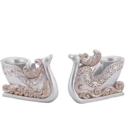 Set Of 2 Silver Reindeer Sleigh Christmas Tea Light Candle Holders 4.5"