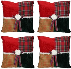 Set Of 4 Square Textured Tartan Plaid Velvet Christmas Throw Pillows 15.5"