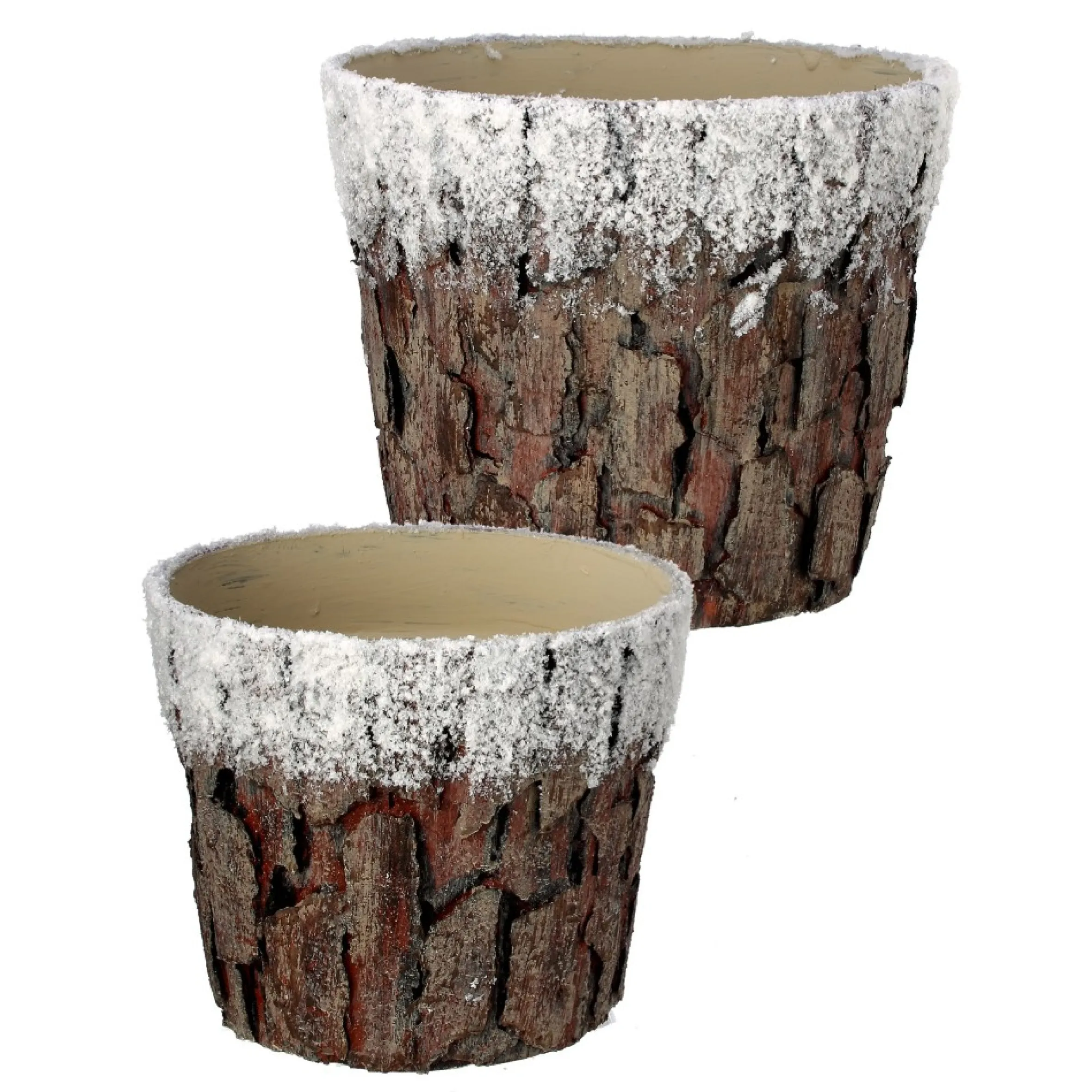 Set Of 2 White And Brown Frosted Bark Christmas Pots 9.75"