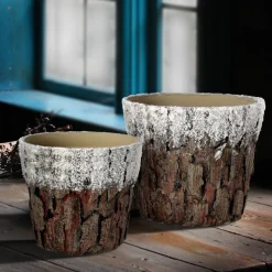 Set Of 2 White And Brown Frosted Bark Christmas Pots 9.75"
