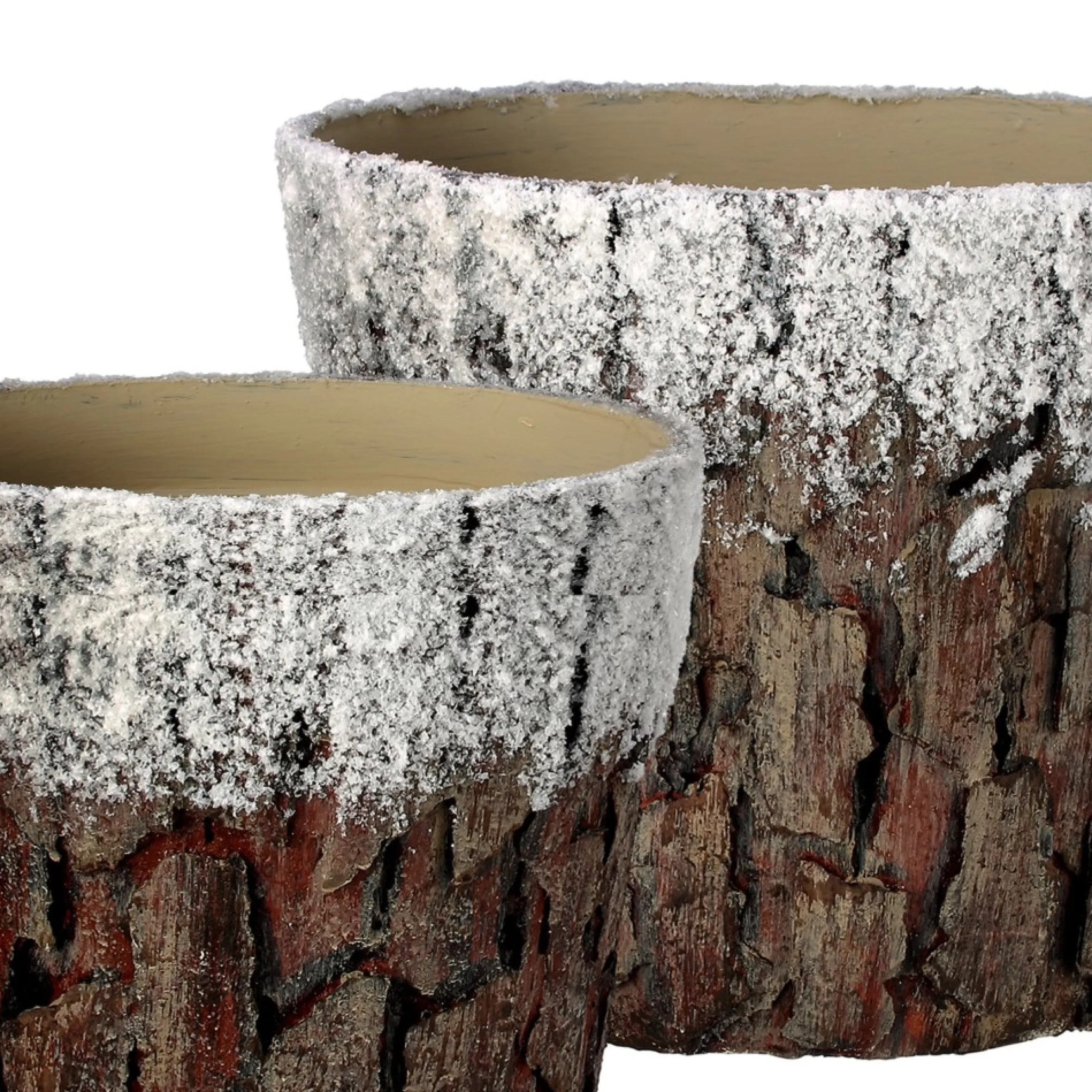 Set Of 2 White And Brown Frosted Bark Christmas Pots 9.75"