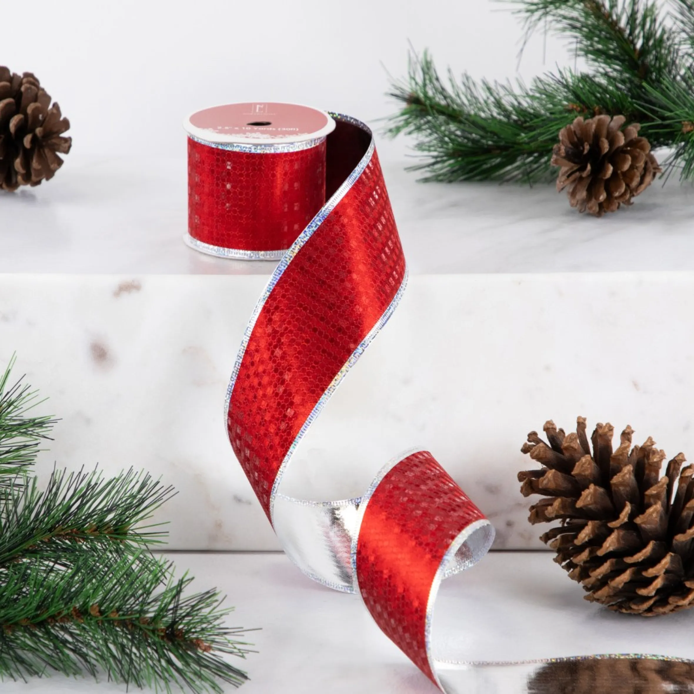Shimmery Red And Silver Horizontal Wired Christmas Craft Ribbon 2.5" X 10 Yards