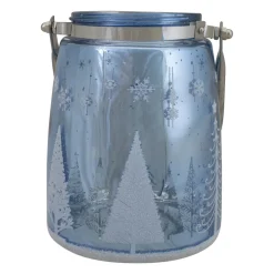 6.25" Shiny Blue And Silver Winter Forest And Snowflake Christmas Flameless Candle Lantern