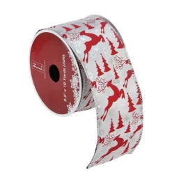Silver And Red Flying Reindeer Wired Christmas Craft Ribbon 2.5" X 10 Yards