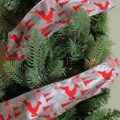 Silver And Red Flying Reindeer Wired Christmas Craft Ribbon 2.5
