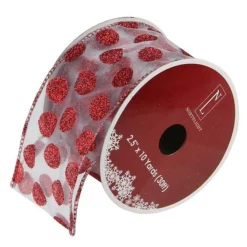 Silver And Red Glittering Polka Dots Christmas Wired Craft Ribbon 2.5" X 10 Yards