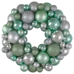 Silver And Seafoam Green 3-Finish Shatterproof Ball Christmas Wreath, 13-Inch
