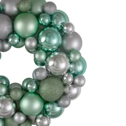 Silver And Seafoam Green 3-Finish Shatterproof Ball Christmas Wreath, 13-Inch