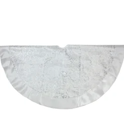 48" Silver Metallic Filigree Christmas Tree Skirt With Sateen Bows