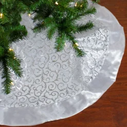 48" Silver Metallic Filigree Christmas Tree Skirt With Sateen Bows