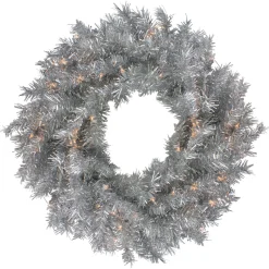 24" Silver Tinsel Artificial Christmas Wreath, Clear Lights
