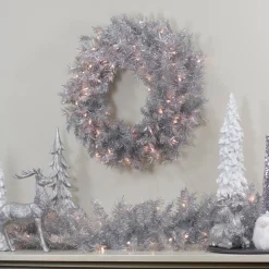24" Silver Tinsel Artificial Christmas Wreath, Clear Lights