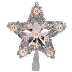 9" Silver Tinsel Star Christmas Tree Topper - Clear Lights