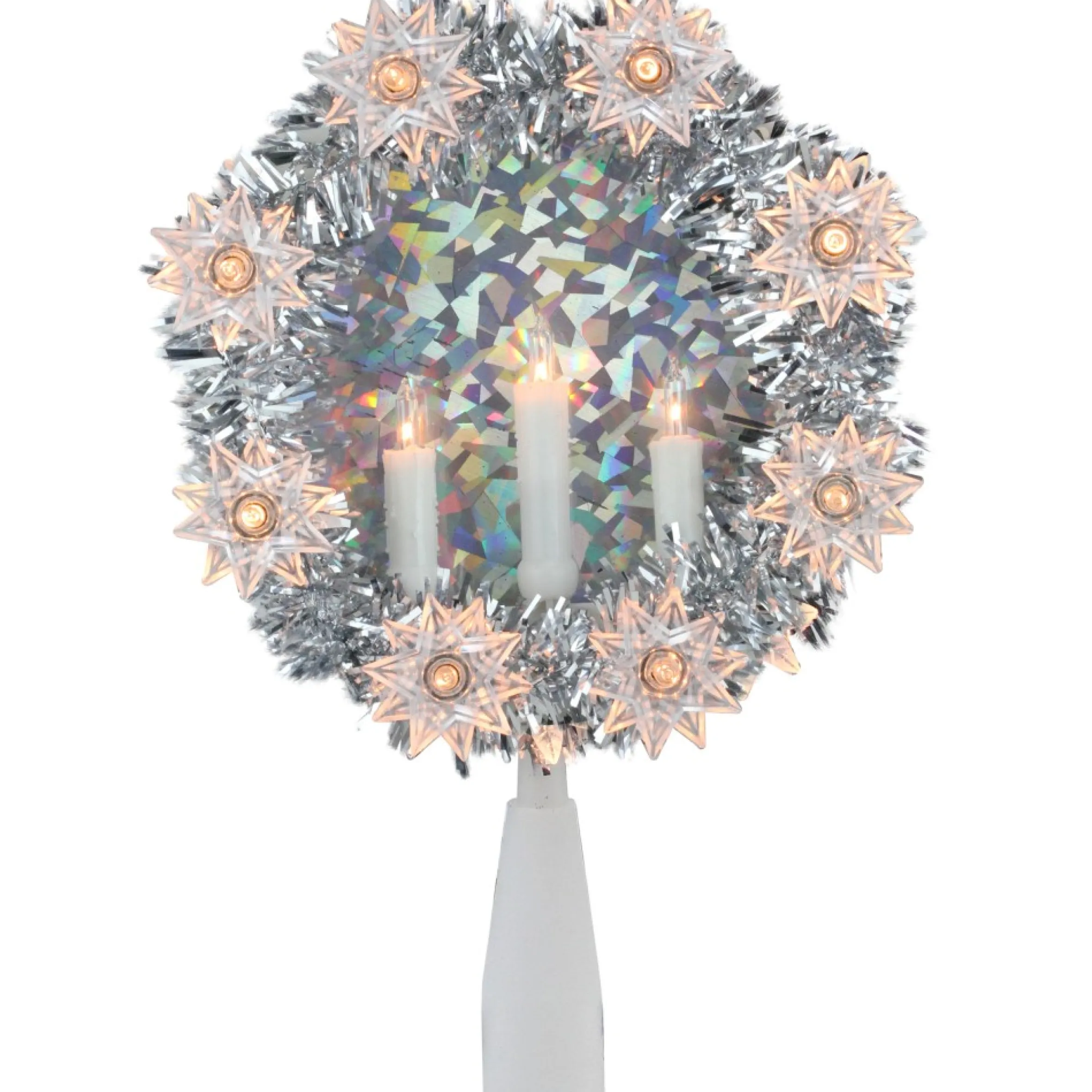 7" Silver Wreath With Candles Christmas Tree Topper - Clear Lights