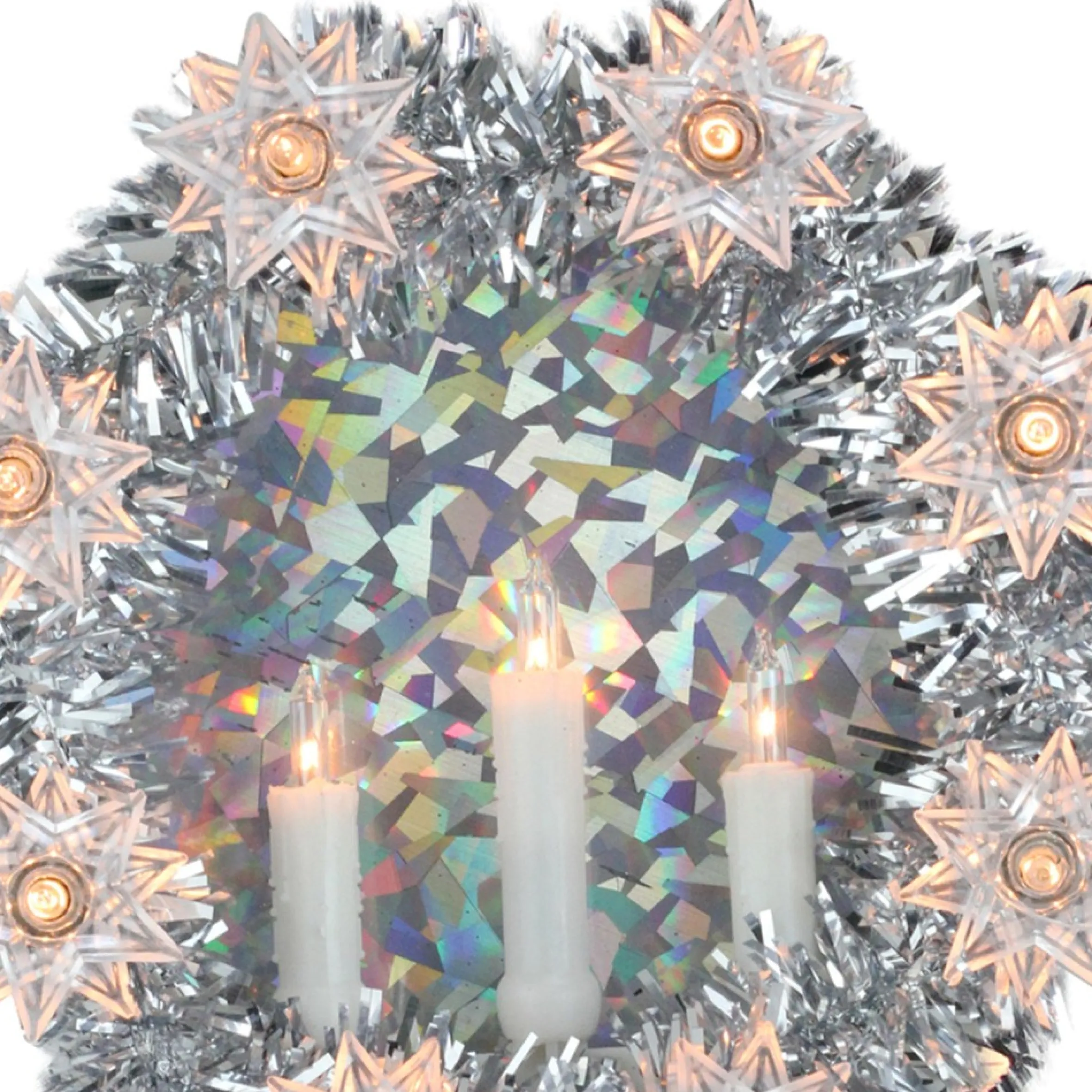 7" Silver Wreath With Candles Christmas Tree Topper - Clear Lights