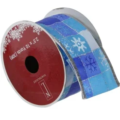 Squares Of Blue Snowflake Wired Christmas Craft Ribbon 2.5" X 10 Yards