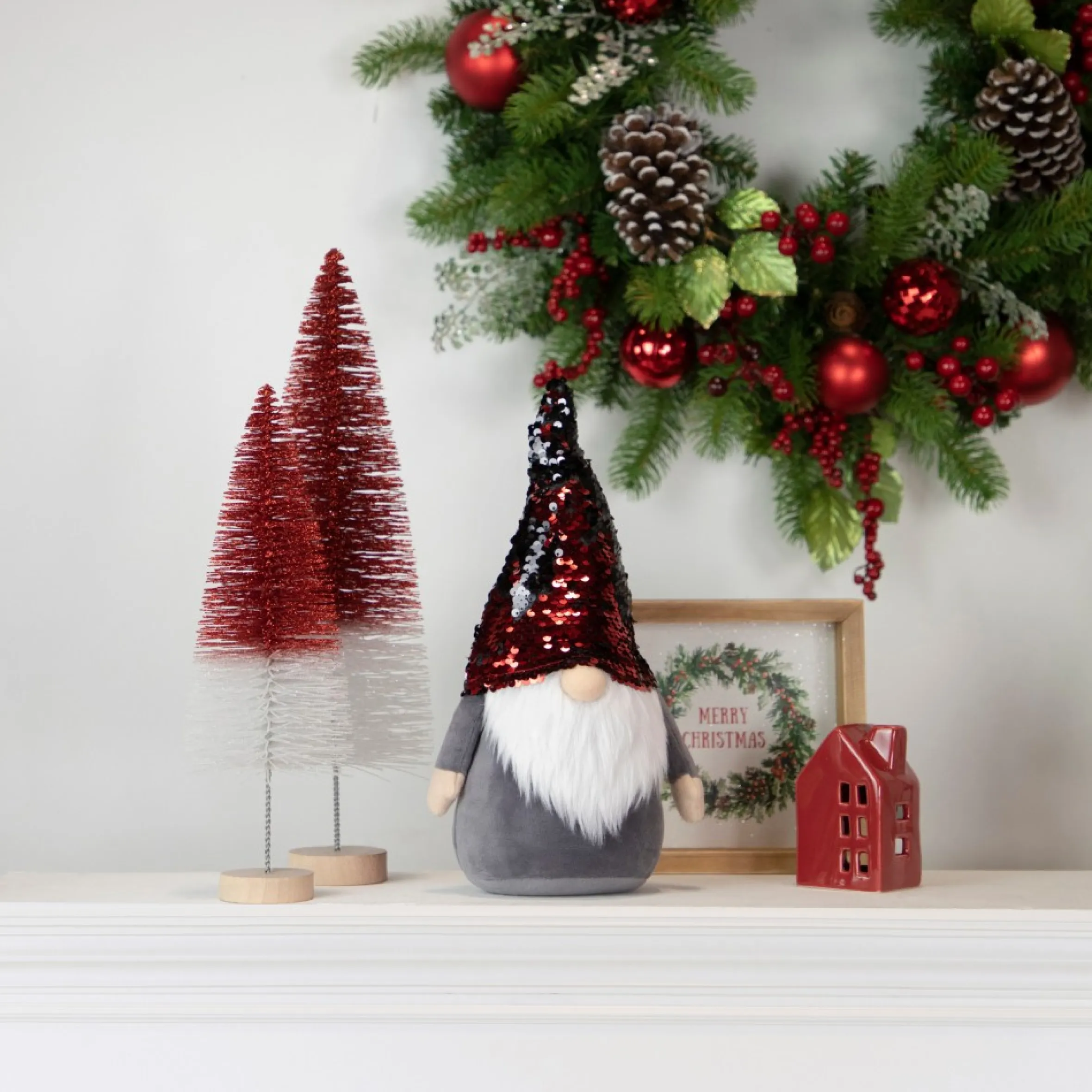 11" Standing Gnome Christmas Decoration With Red Flip Sequin Hat