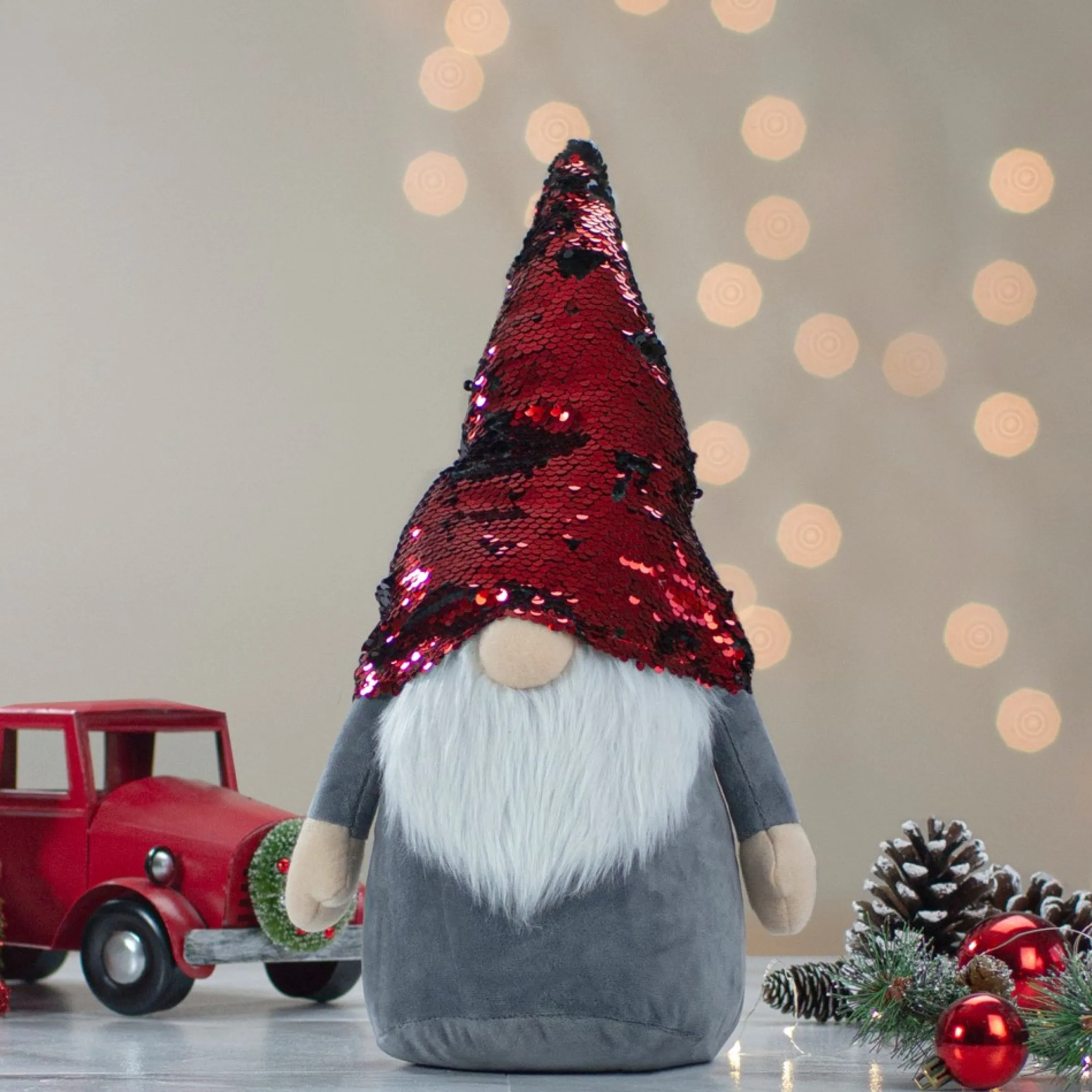 11" Standing Gnome Christmas Decoration With Red Flip Sequin Hat