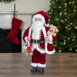 18" Standing Santa Christmas Figure With A Plush Brown Bear