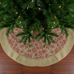 48" Tan And Red Rustic Burlap Poinsettia Christmas Tree Skirt