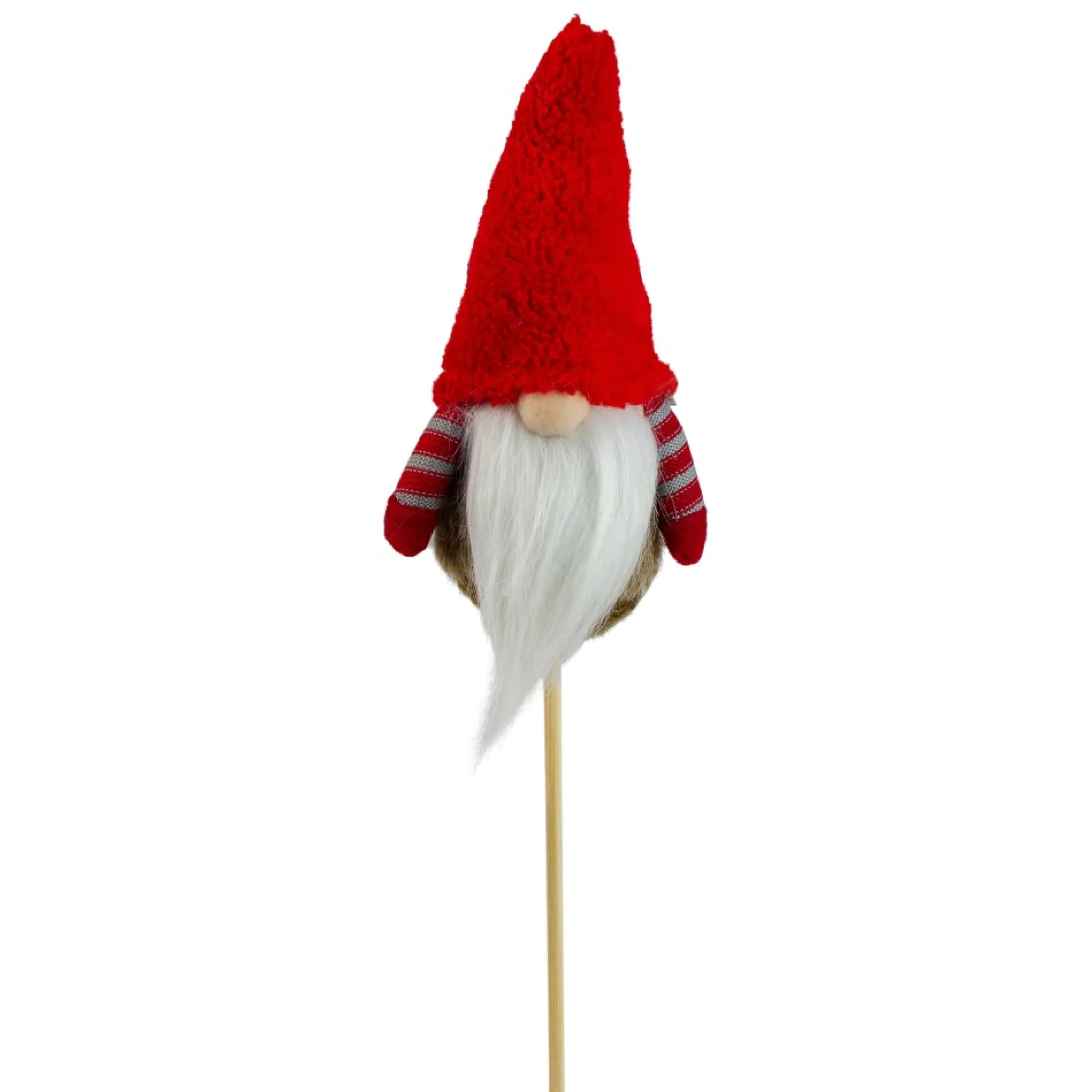 11.5" Tiny Gray Faux Fur Santa Gnome With Red Hat And Striped Arms On A Stick Christmas Decoration