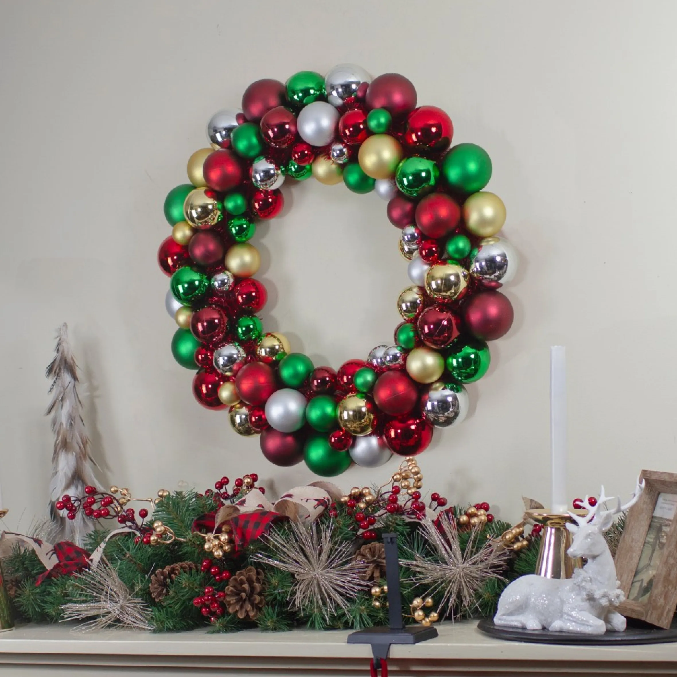 Traditional Colors 2-Finish Shatterproof Ball Christmas Wreath, 24-Inch
