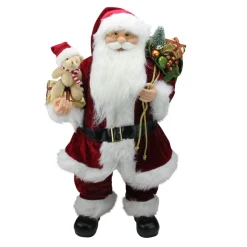 24" Traditional Standing Santa Claus Christmas Figure With Teddy Bear And Gift Bag