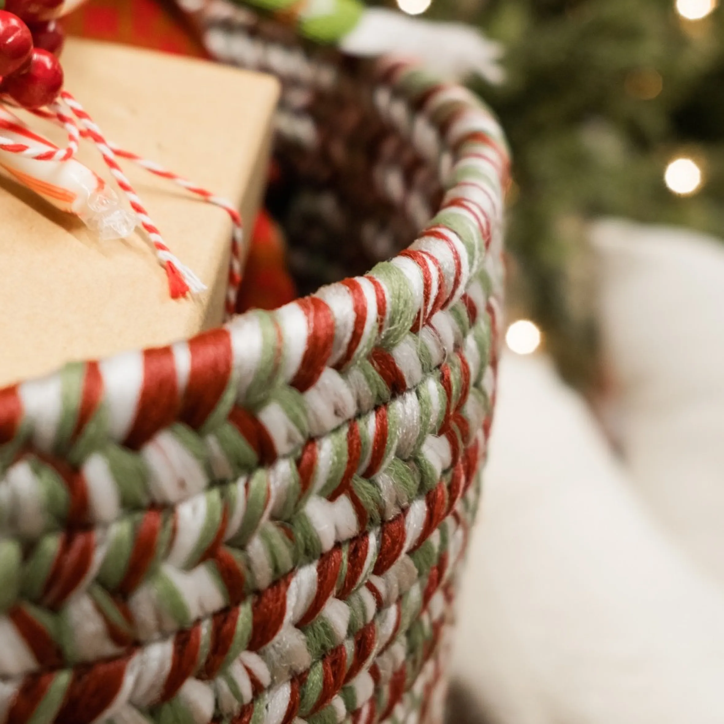 12" Tweed Braided Round Holiday Basket With Handles