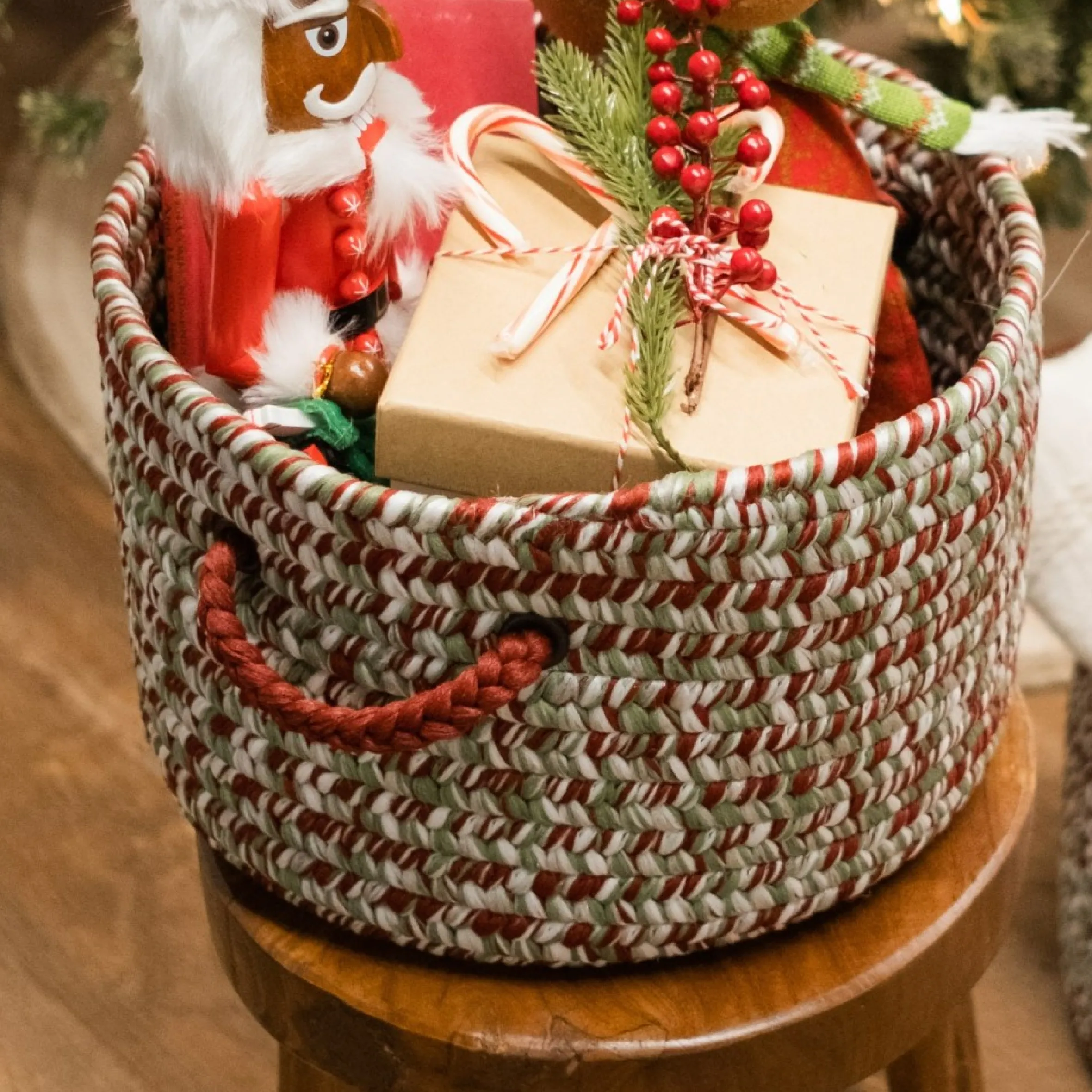 12" Tweed Braided Round Holiday Basket With Handles