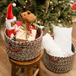 14" Tweed Braided Round Holiday Basket With Handles