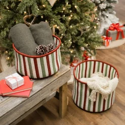 12" Vertical Striped Braided Round Christmas Storage Basket
