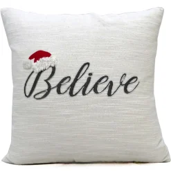 20" White And Gray Christmas "Believe" Throw Pillow With Santa Hat