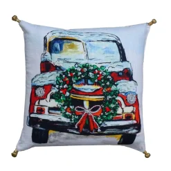 18" White And Green Christmas Holiday Car Hand Illustrated Throw Pillow