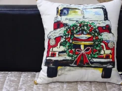 18" White And Green Christmas Holiday Car Hand Illustrated Throw Pillow