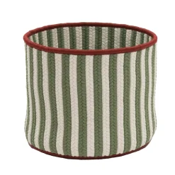 12" White And Green Vertical Striped Braided Round Christmas Storage Basket