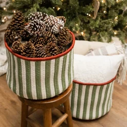 12" White And Green Vertical Striped Braided Round Christmas Storage Basket