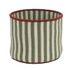 14" White And Green Vertical Striped Braided Round Christmas Storage Basket