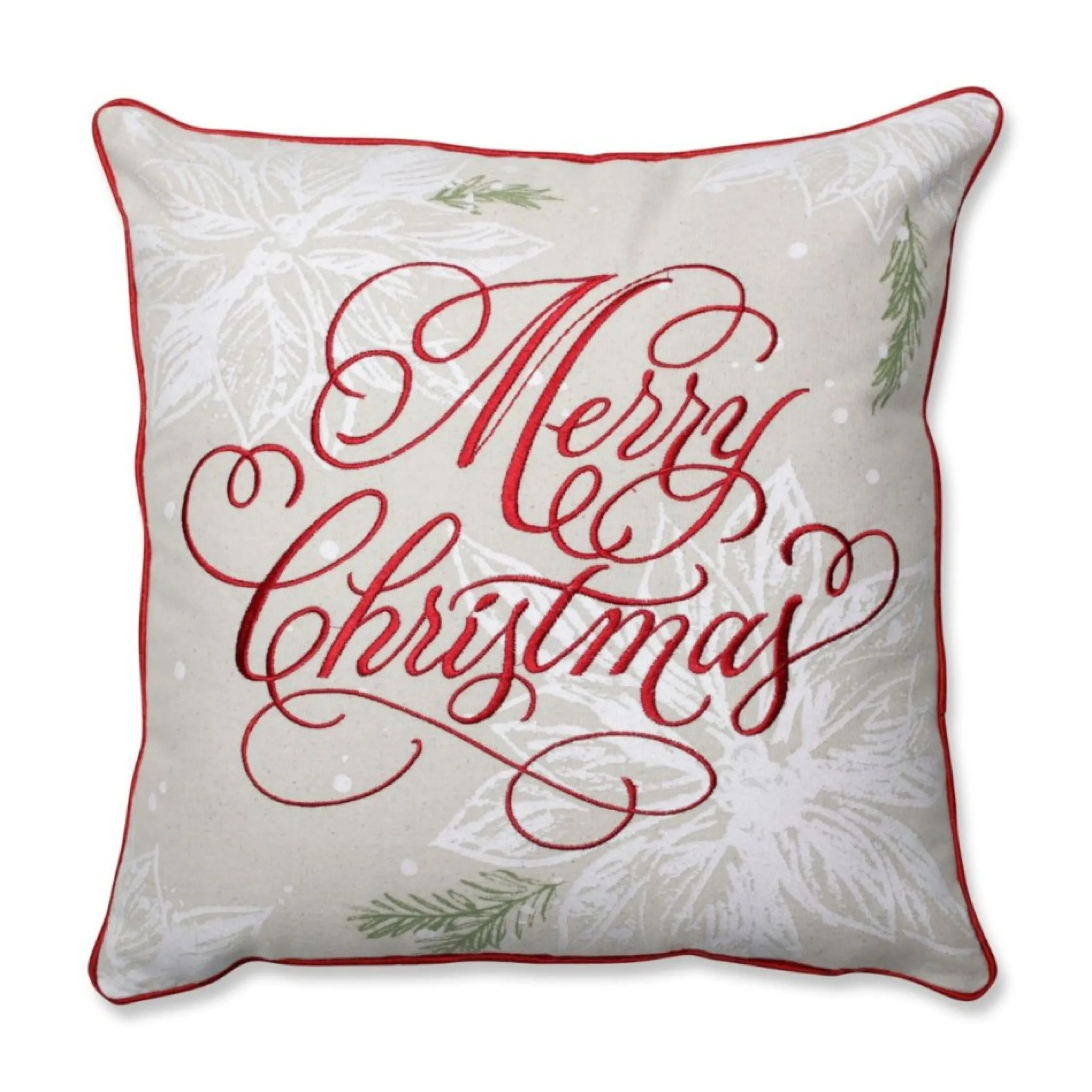 17" White And Red Floral "Merry Christmas" Square Throw Pillow