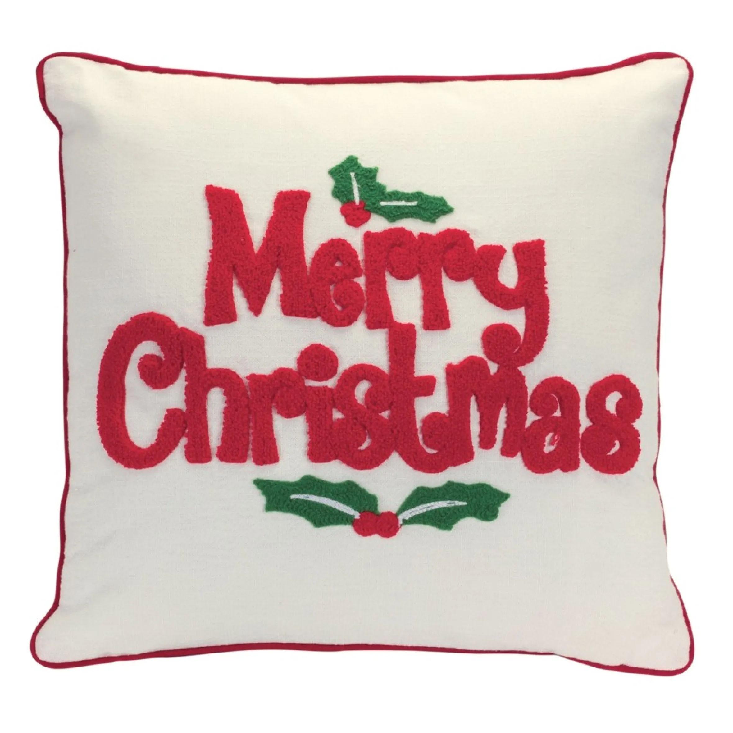 16" White And Red Holly "Merry Christmas" Throw Pillow