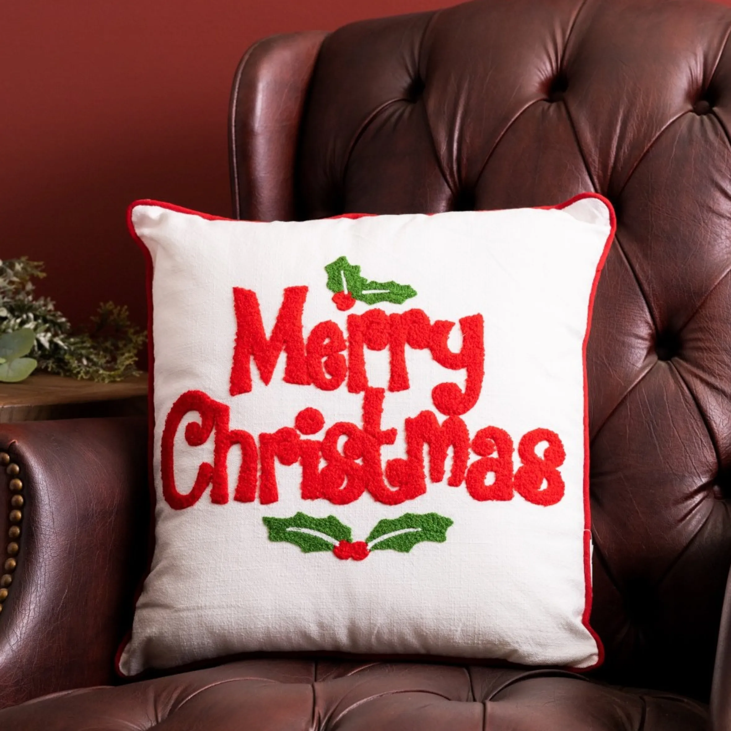 16" White And Red Holly "Merry Christmas" Throw Pillow