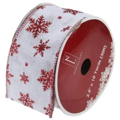 White And Red Snowflake Christmas Wired Craft Ribbon 2.5
