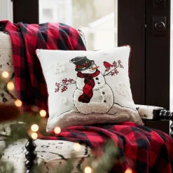 17" White And Red Snowman And Cardinal Throw Pillow