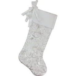 19" White And Silver Filigree Christmas Stocking With Bows