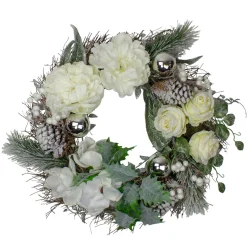 White And Silver Floral Flocked Pine Artificial Grapevine Christmas Wreath - 24-Inch, Unlit